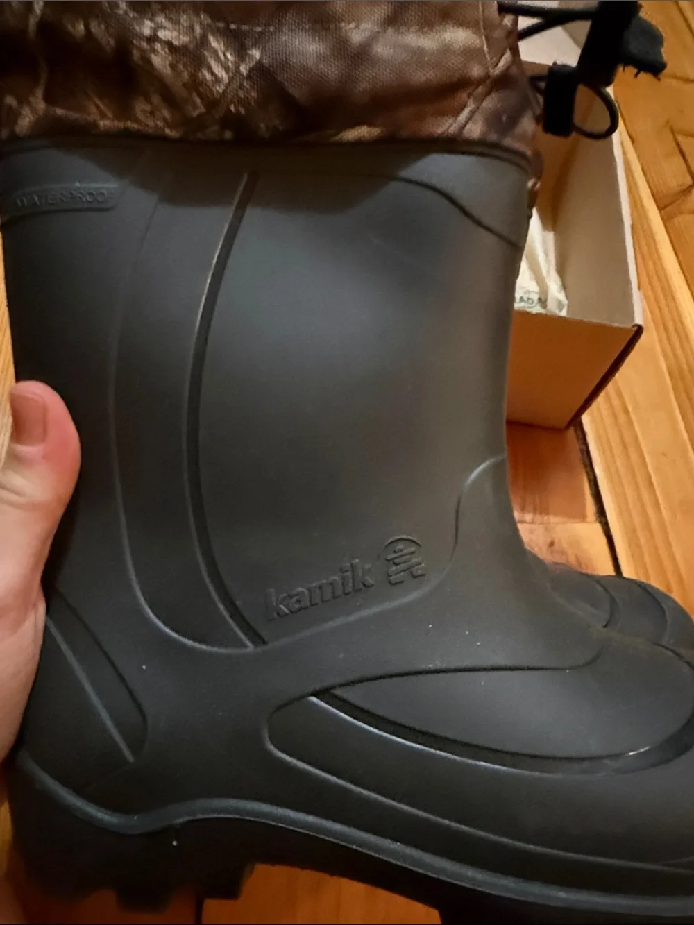 Insulated Black Rubber Hunting Boots with Camo Trim